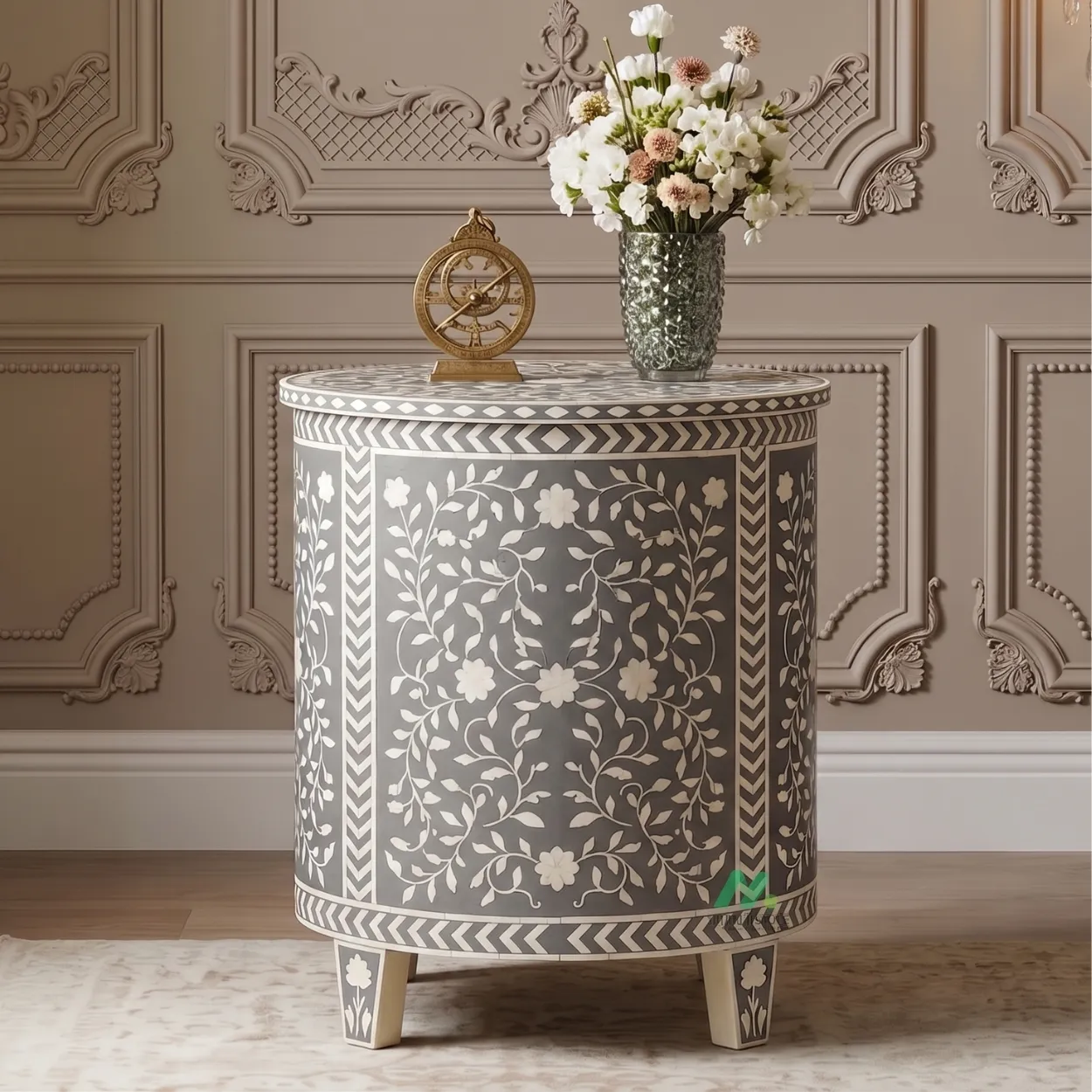 Bone Inlay Grey Round Bedside Table - Image 2