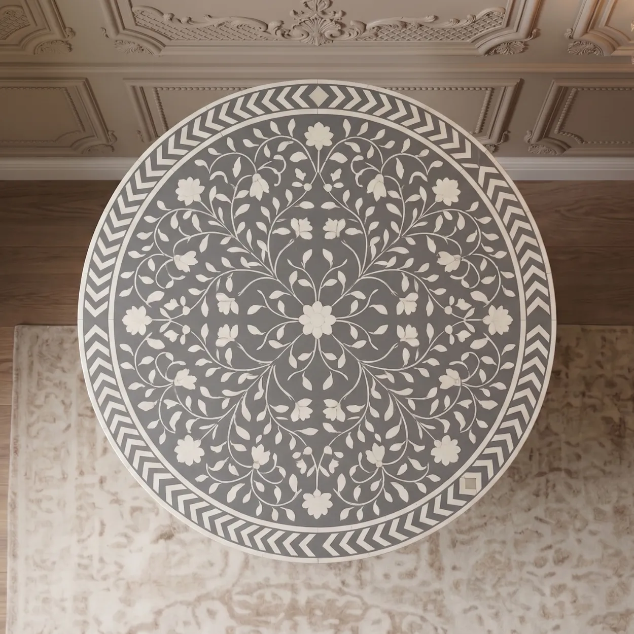 Bone Inlay Grey Round Bedside Table - Image 3
