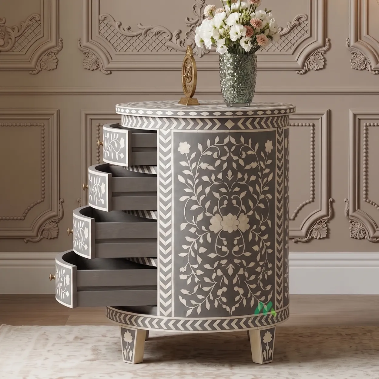 Bone Inlay Grey Round Bedside Table - Image 4