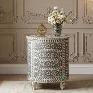Bone Inlay Grey Round Bedside Table