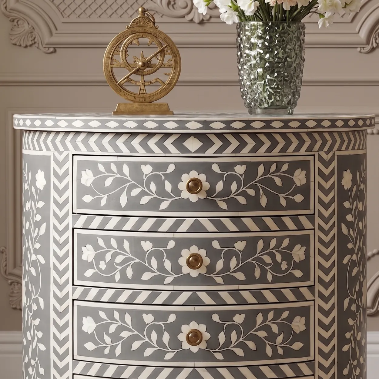 Bone Inlay Grey Round Bedside Table - Image 5
