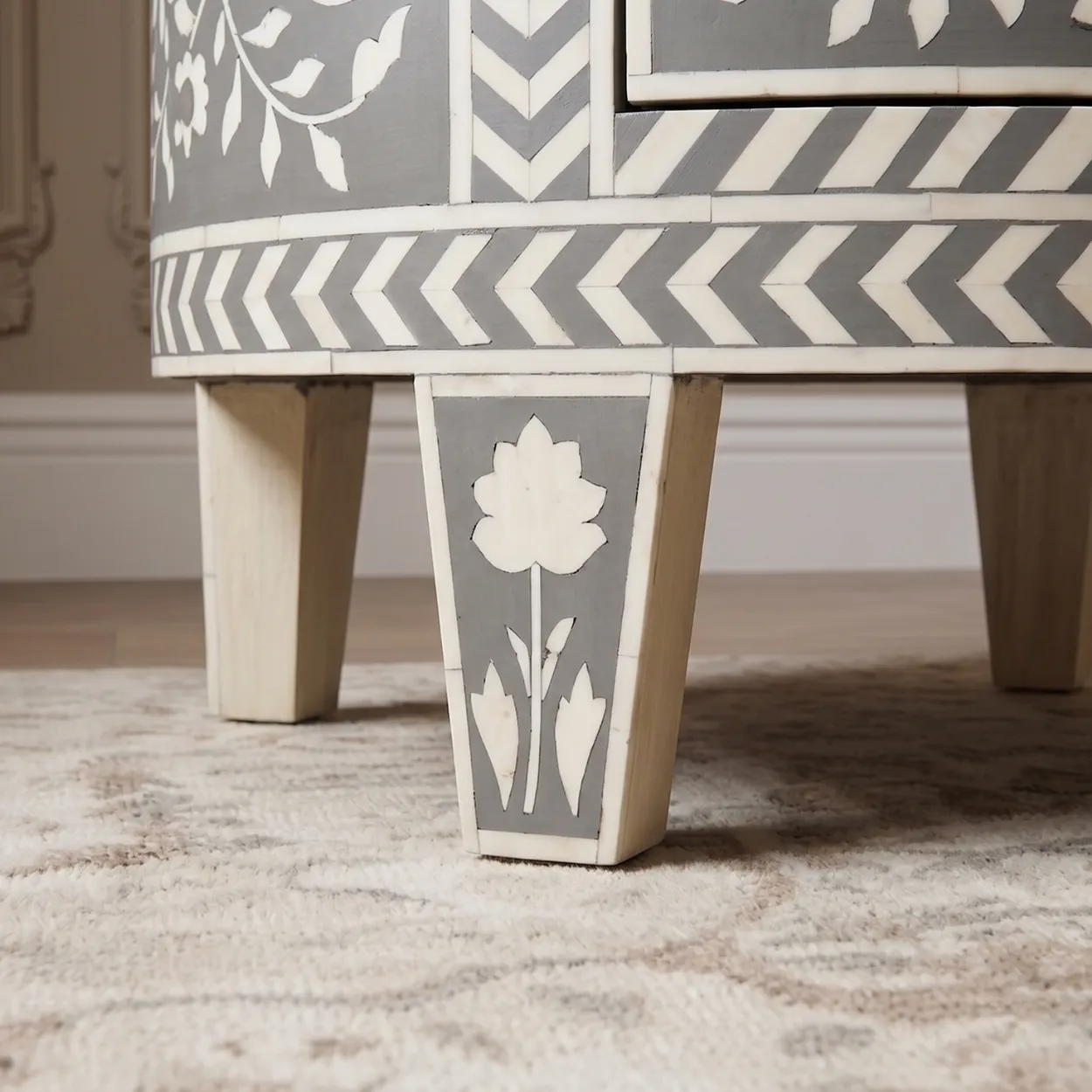 Bone Inlay Grey Round Bedside Table - Image 6