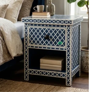 Bone  Inlay Navy Blue bedside table with 1 Drawer