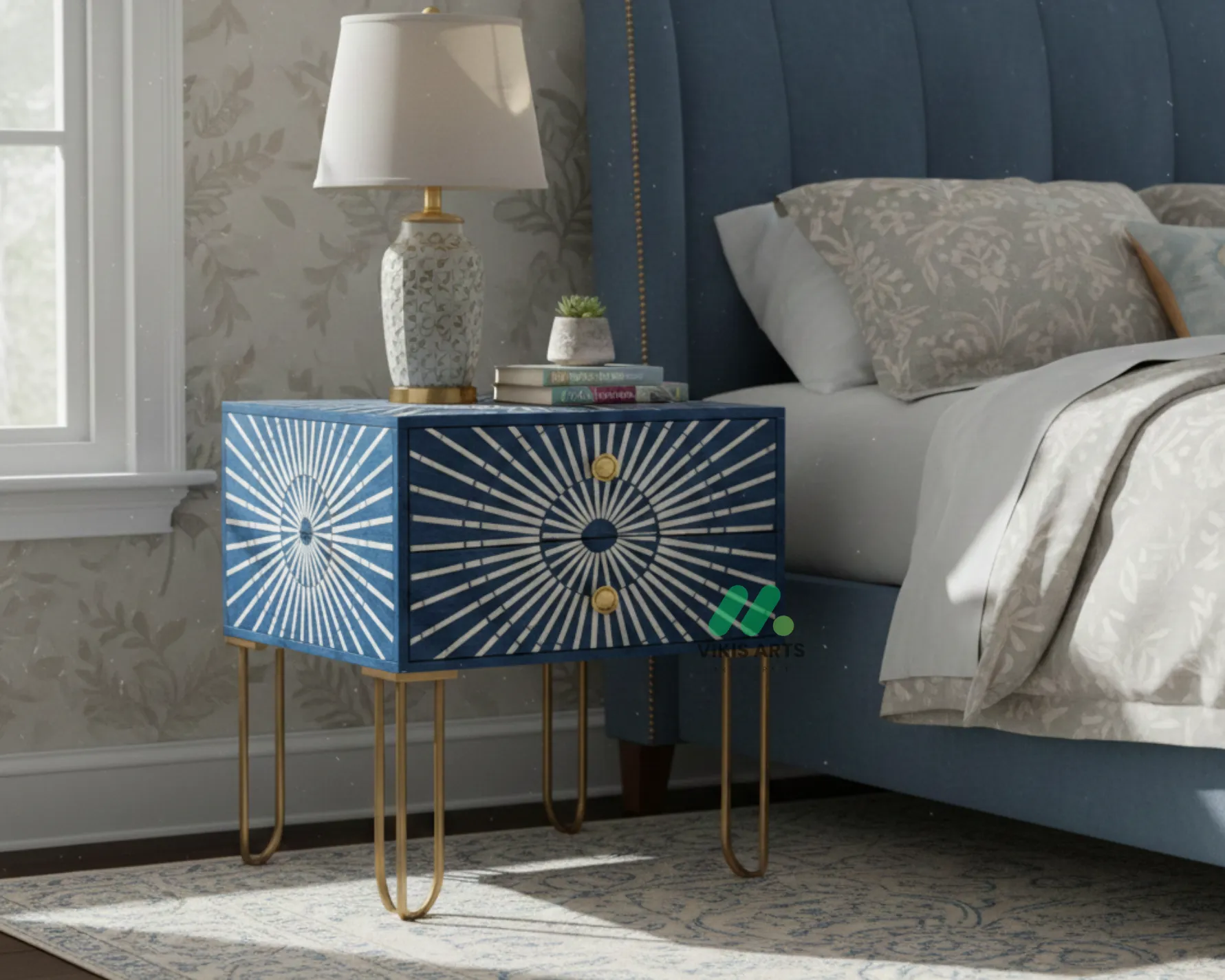 Bone inlay Blue bedside table with 2 Drawers