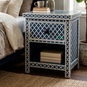 Bone inlay Navy Blue bedside table with 1 Drawer