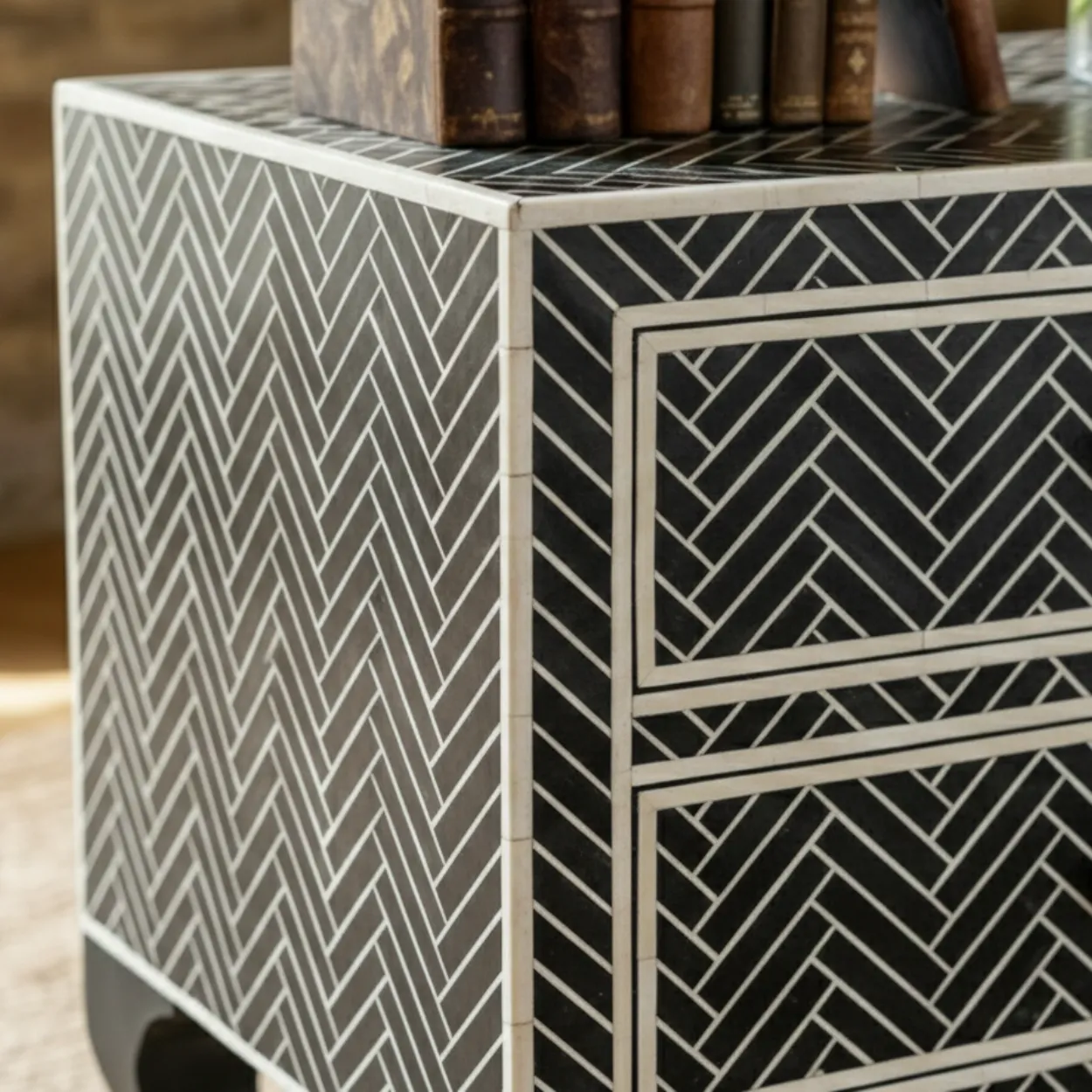 Bone Inlay Black Bedside Table with 2 Drawers - Image 4