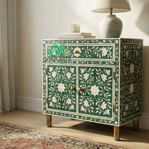 Bone inlay Green bedside table