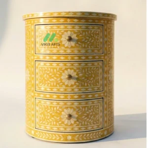 Bone inlay Yellow Round bedside table with 3 Drawers