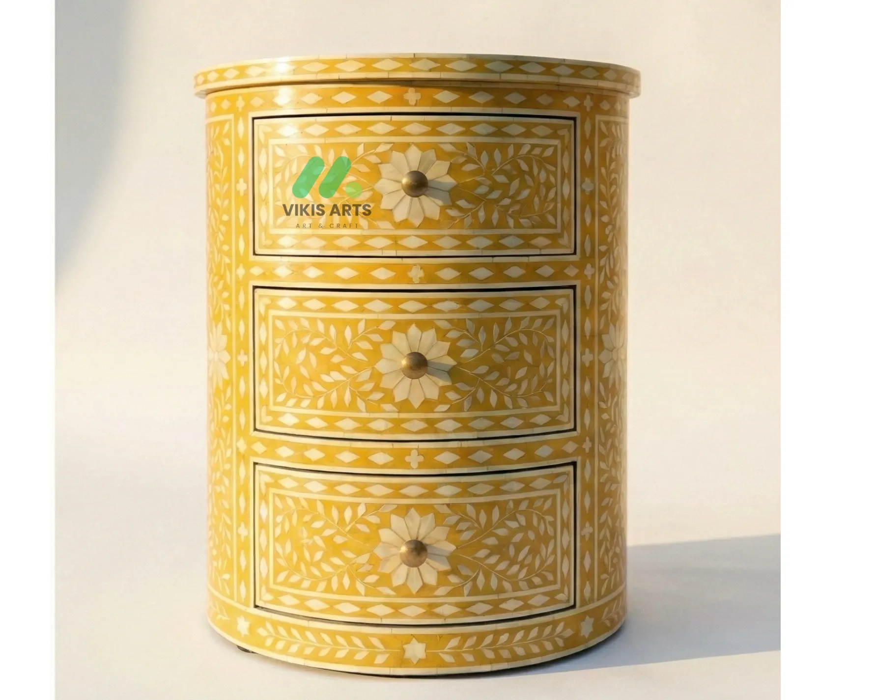 Bone inlay Yellow Round bedside table with 3 Drawers
