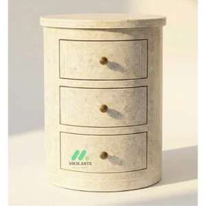 Bone inlay White Round bedside table with 3 Drawers