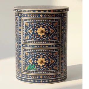 Bone inlay Blue Round bedside table with 2 Drawers