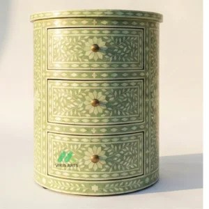 Bone inlay Sage Green Round bedside table with 3 Drawers