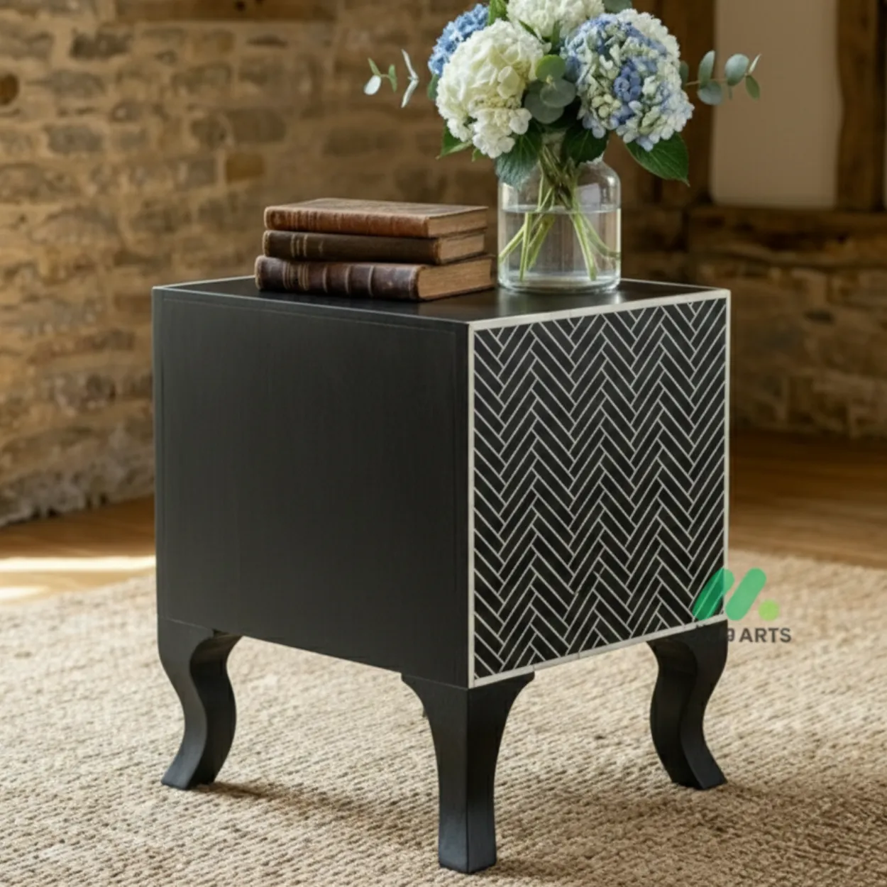 Bone Inlay Black Bedside Table with 2 Drawers - Image 2