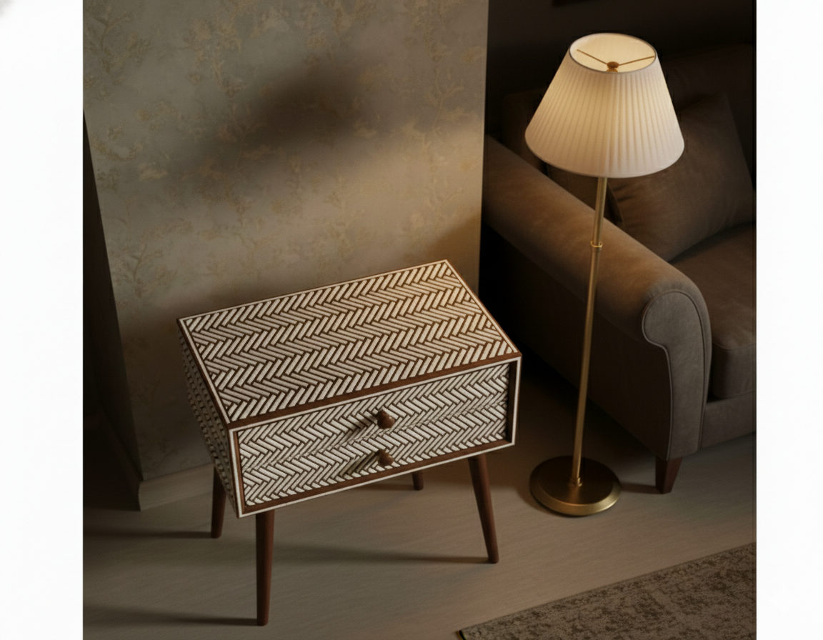 Bone Inlay Brown Bedside Table with 2 Drawer - Image 3