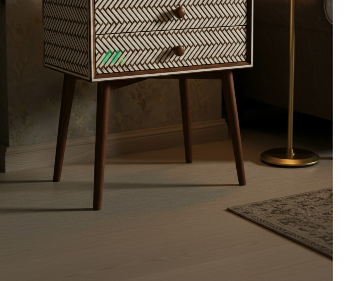 Bone Inlay Brown Bedside Table with 2 Drawer - Image 5