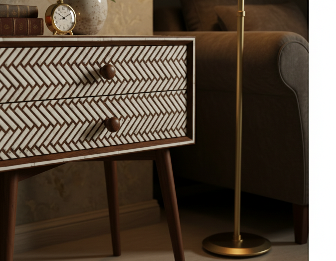 Bone Inlay Brown Bedside Table with 2 Drawer - Image 6