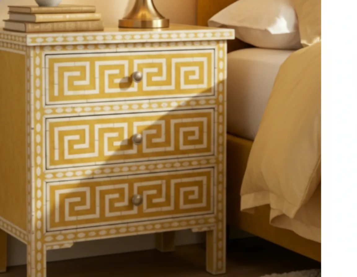Bone Inlay Yellow Bedside Table - Image 5