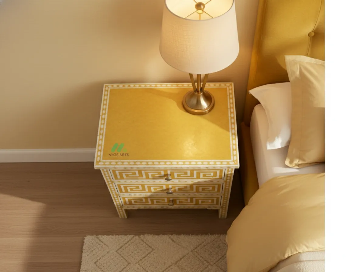 Bone Inlay Yellow Bedside Table - Image 3