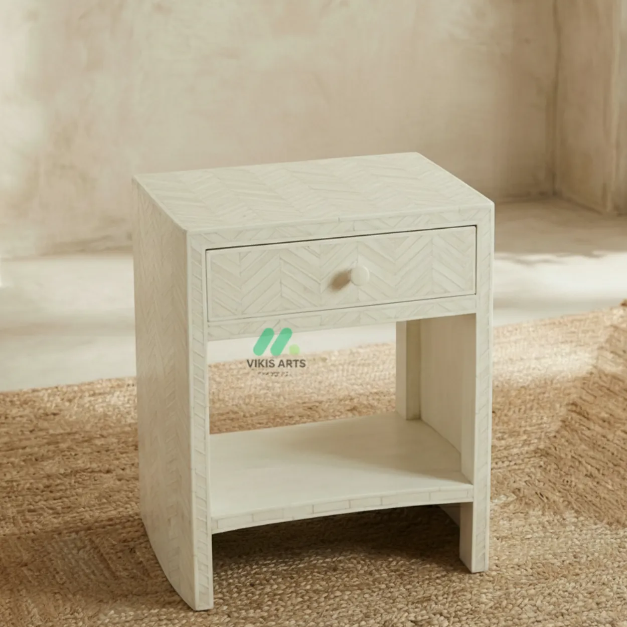 Bone Inlay White bedside table with 1 Drawer - Image 3