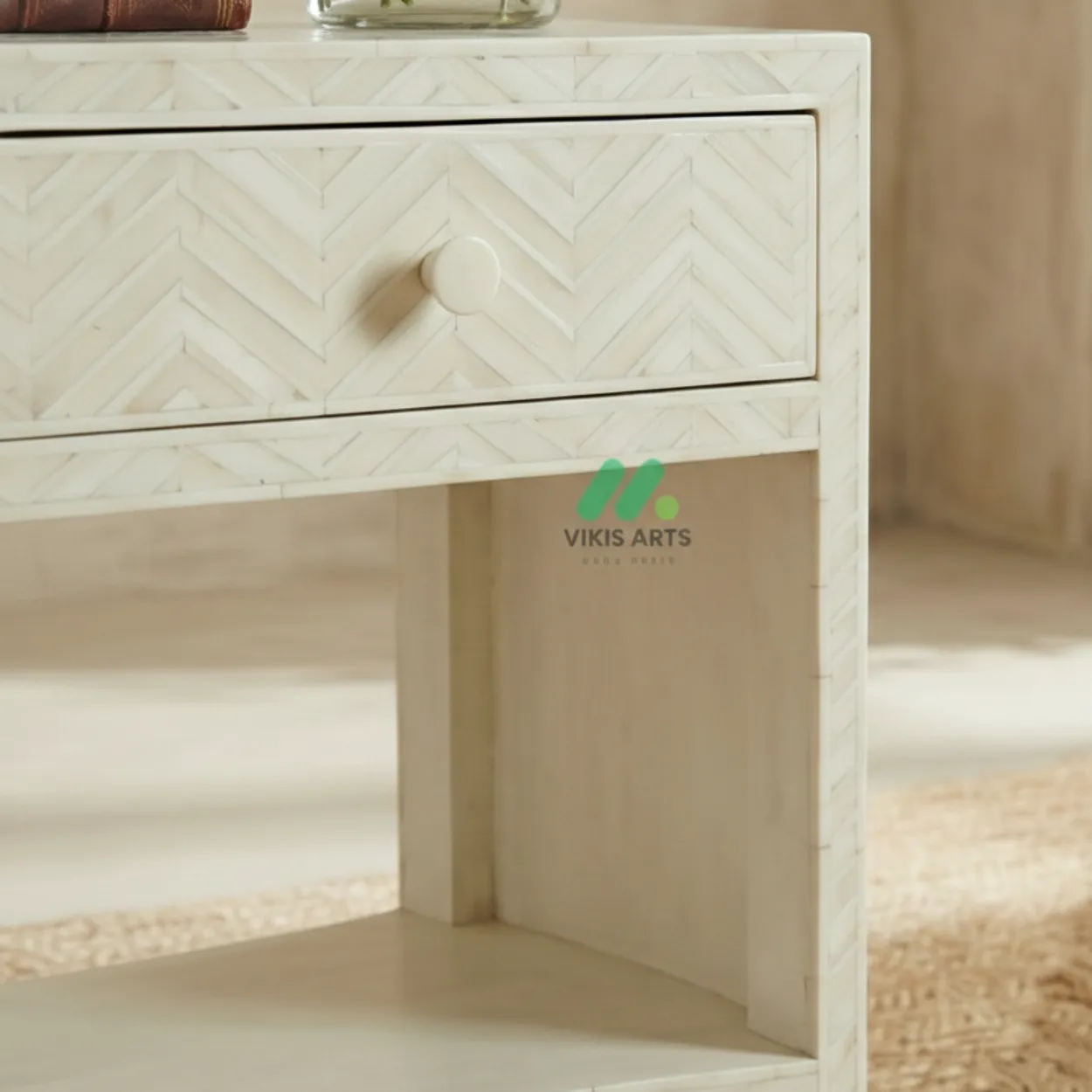 Bone Inlay White bedside table with 1 Drawer - Image 5