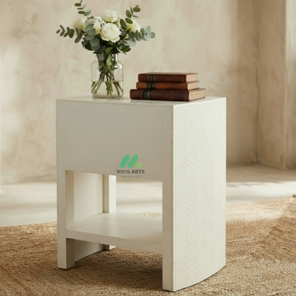 Bone Inlay White bedside table with 1 Drawer - Image 2