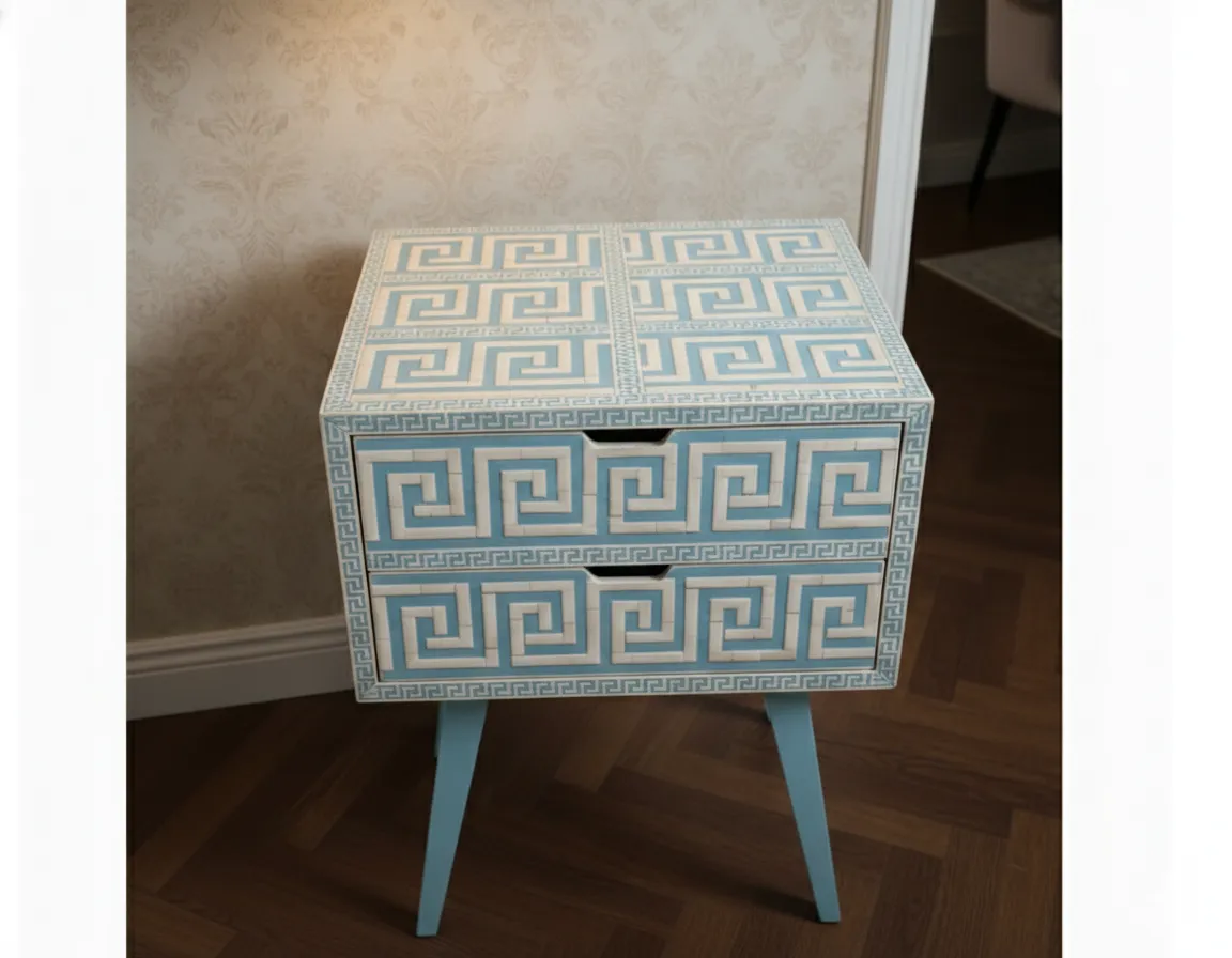 Bone Inlay Blue Bedside Table - Image 3