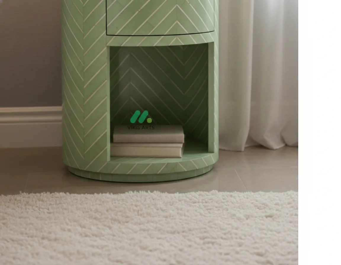 Bone Inlay Green Round Bedside Table with 1 Drawer - Image 5