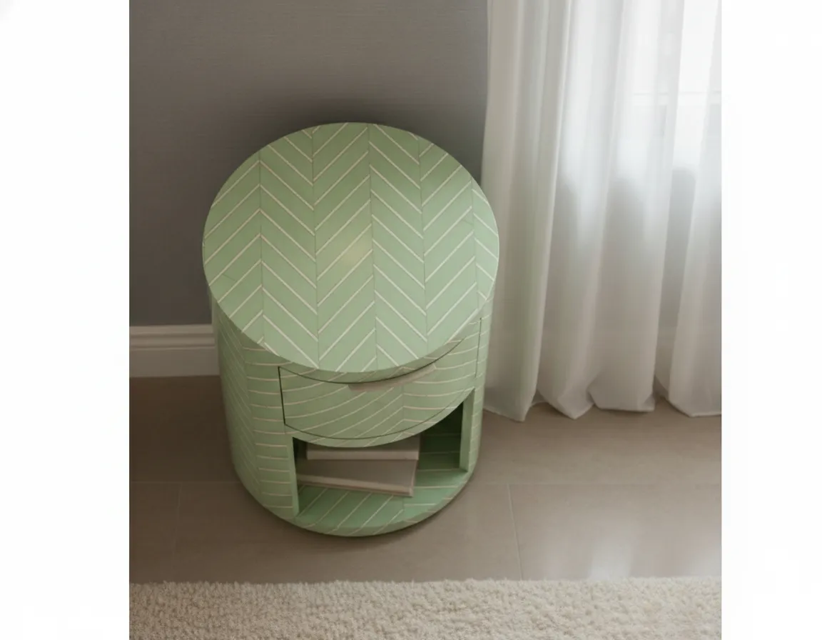 Bone Inlay Green Round Bedside Table with 1 Drawer - Image 3