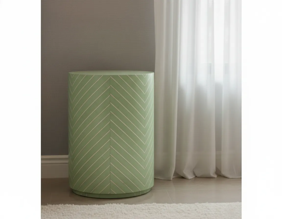 Bone Inlay Green Round Bedside Table with 1 Drawer - Image 2