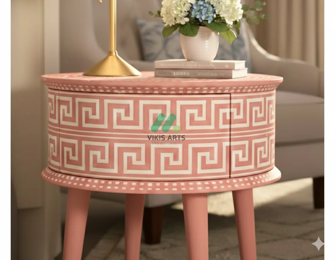 Bone Inlay Pink Round Bedside Table - Image 6