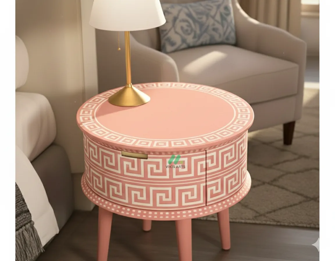 Bone Inlay Pink Round Bedside Table - Image 3