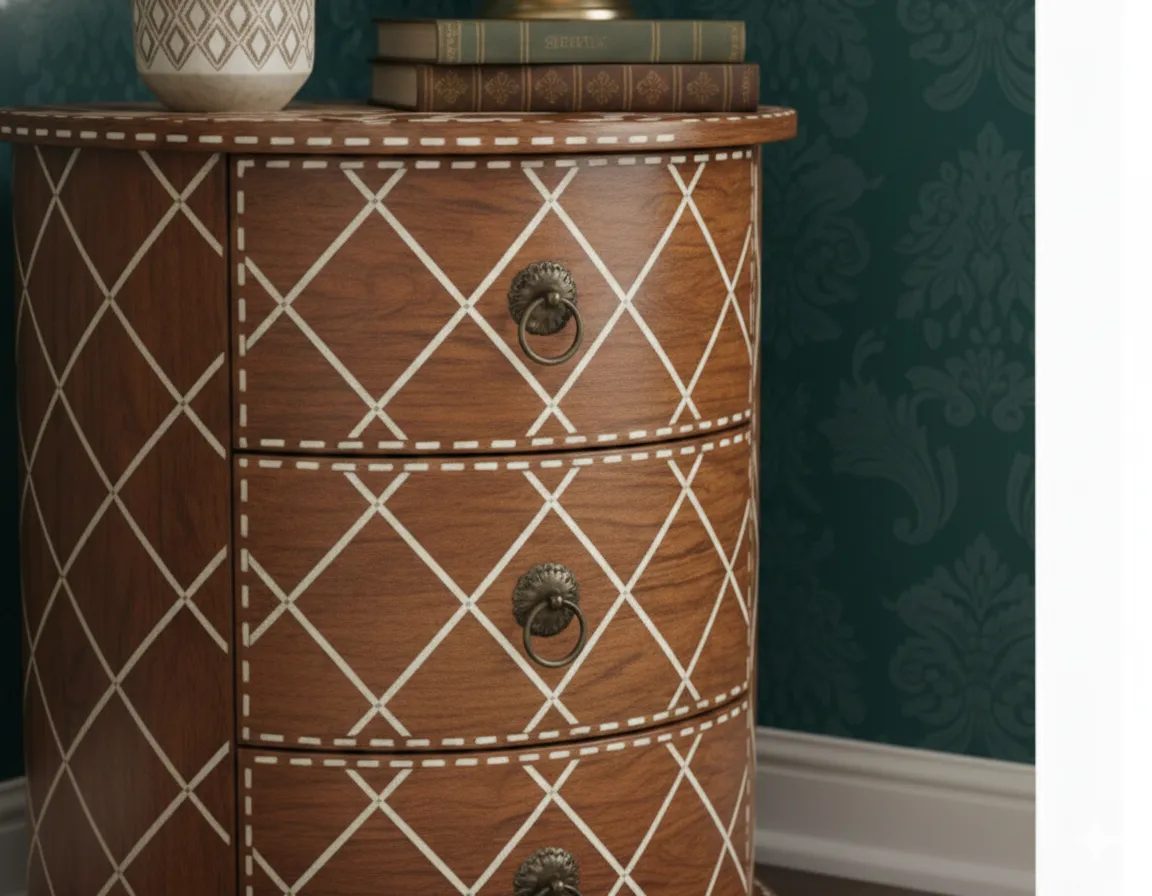 Bone Inlay Wooden Round Bedside Table - Image 6