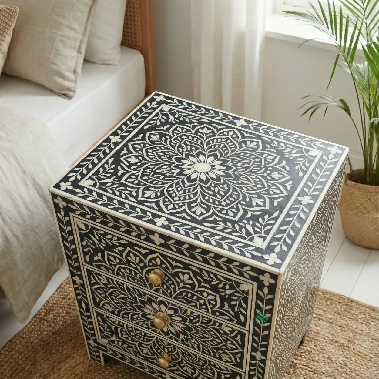 Bone Inlay Black bedside table with 3 drawer - Image 3