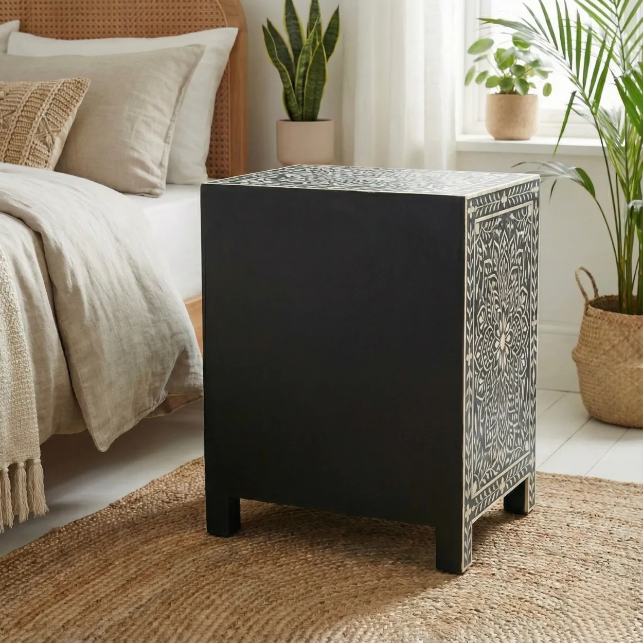 Bone Inlay Black bedside table with 3 drawer - Image 2