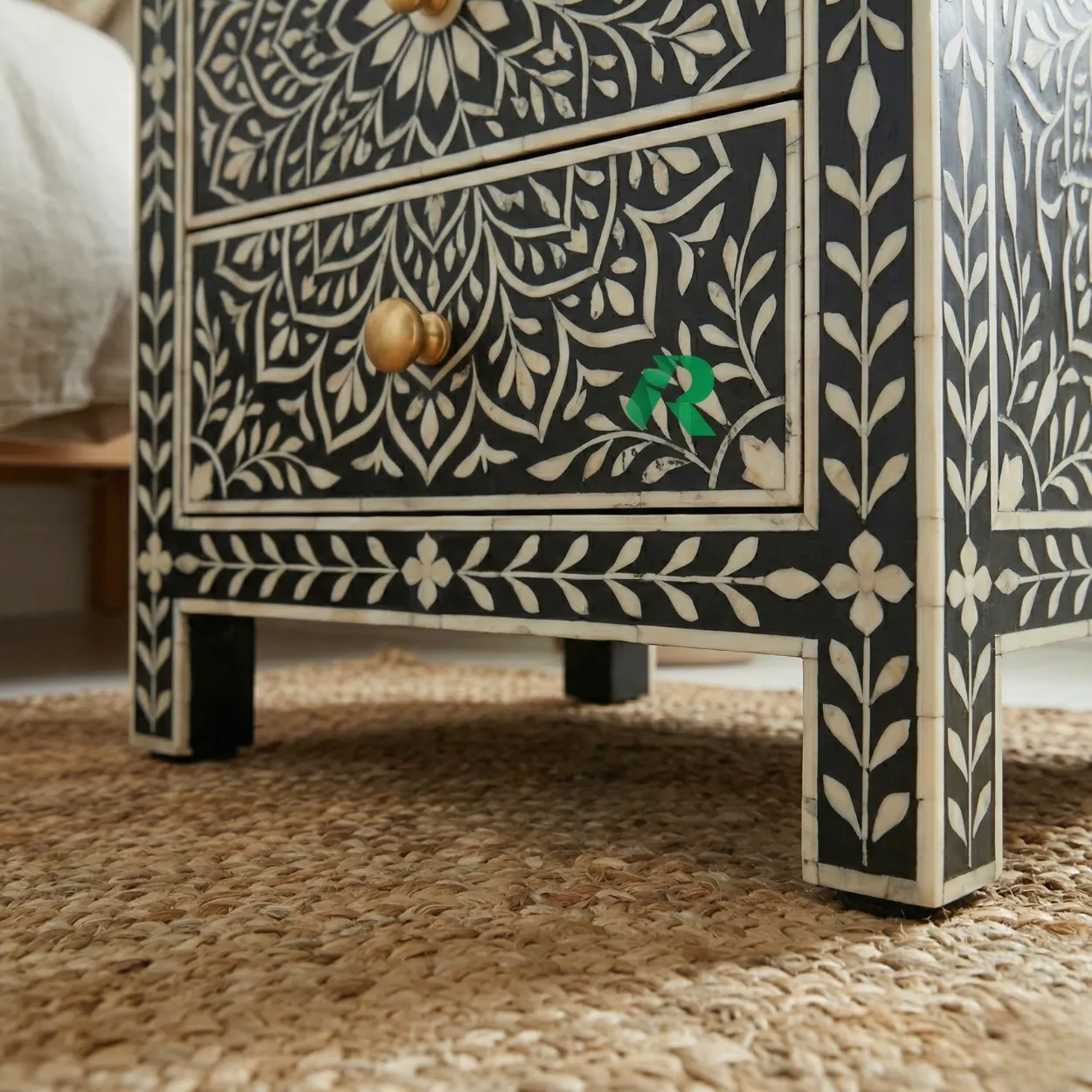 Bone Inlay Black bedside table with 3 drawer - Image 6