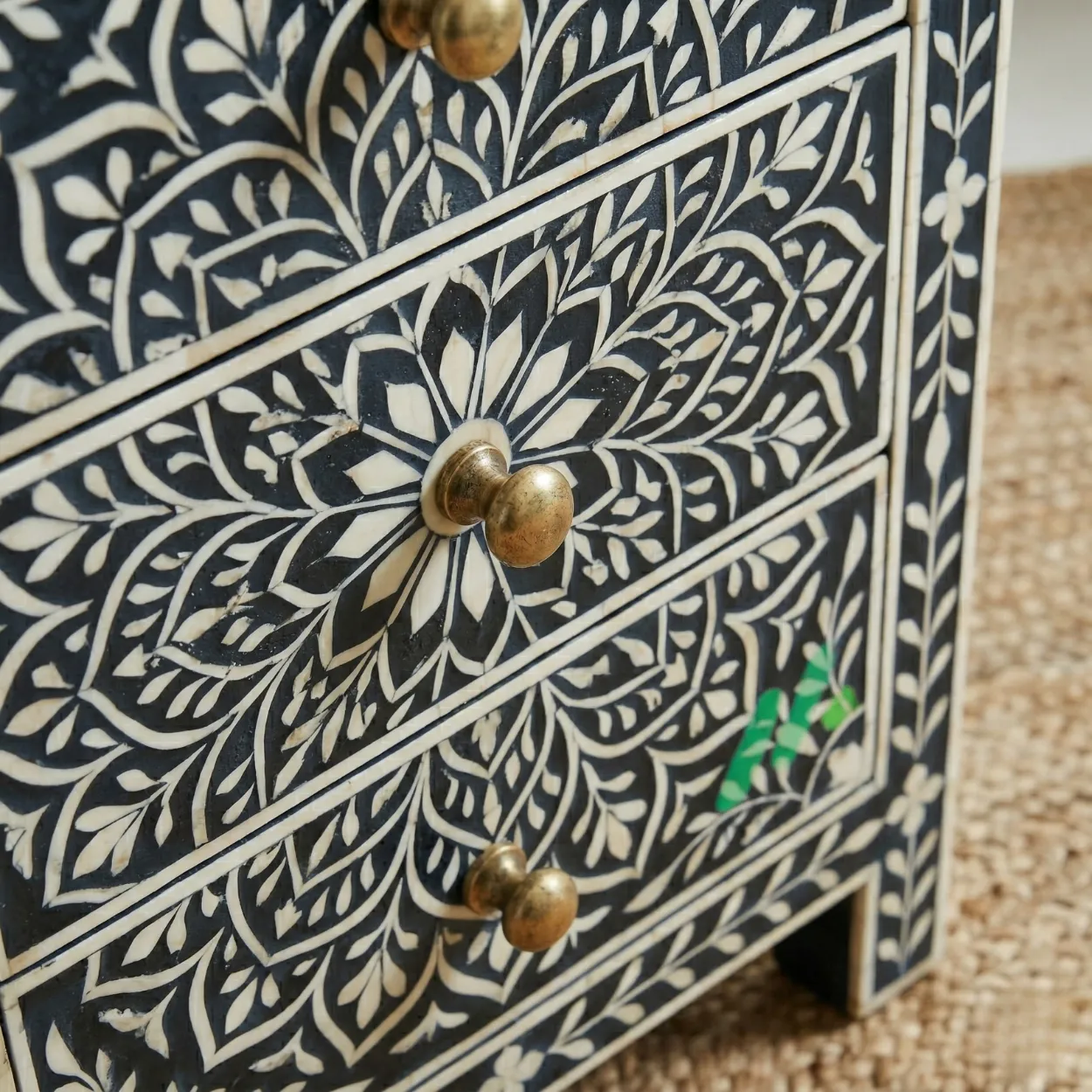 Bone Inlay Black bedside table with 3 drawer - Image 5