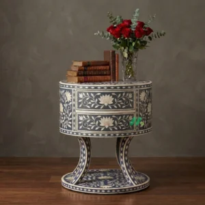 Bone Inlay Grey Round  bedside table