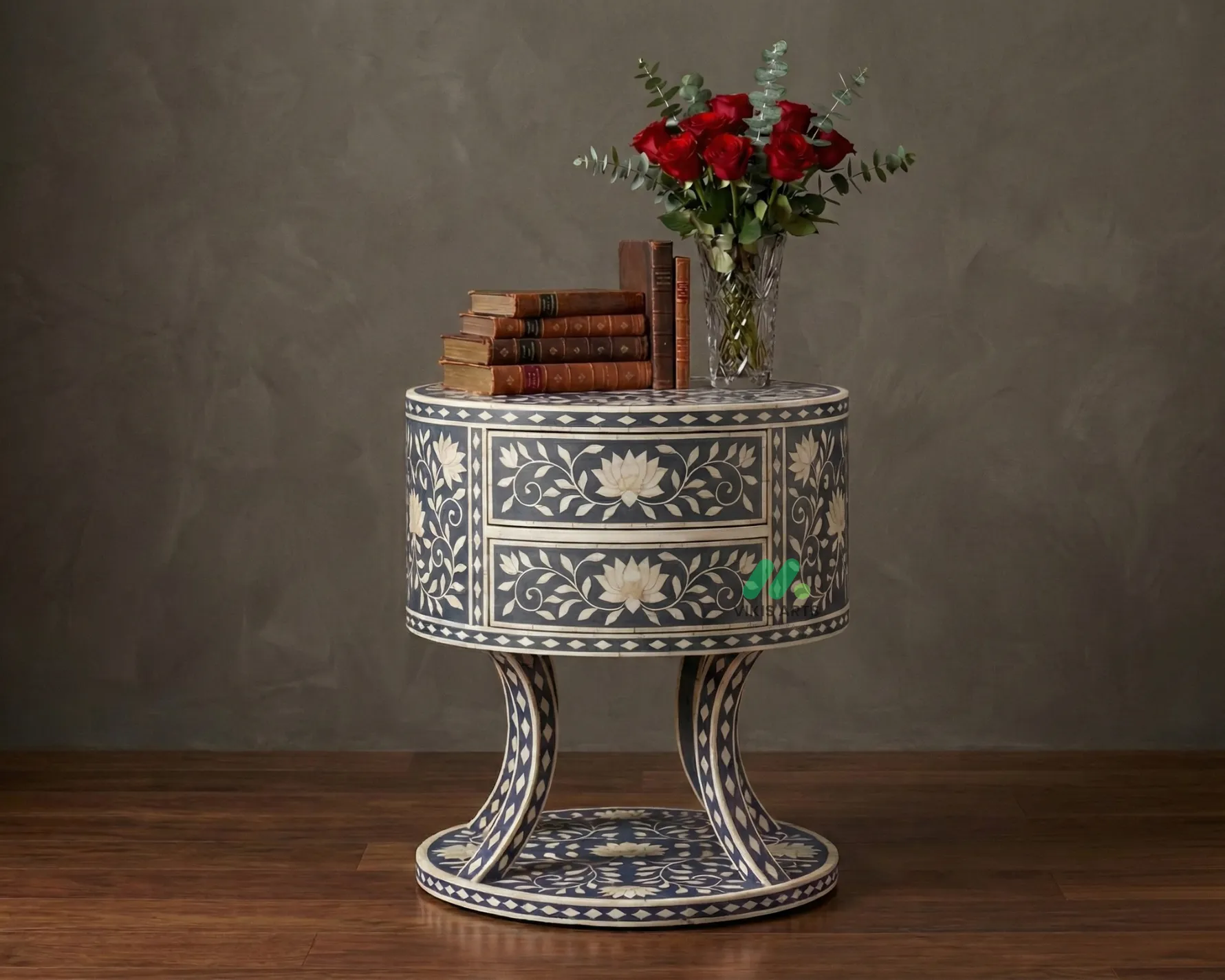 Bone Inlay Grey Round bedside table