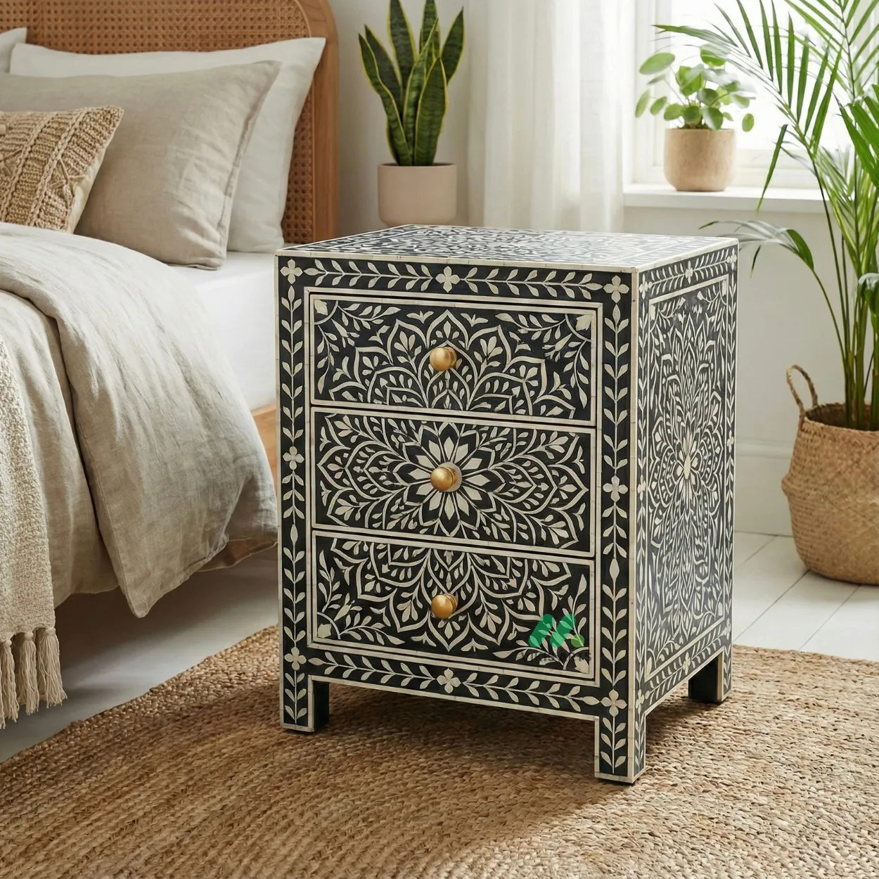 Bone Inlay Black bedside table with 3 drawer