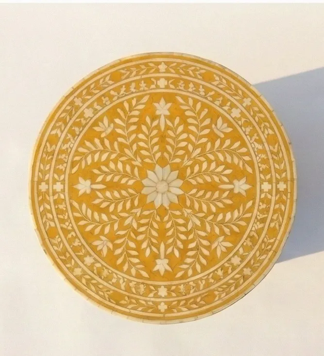 Bone Inlay Yellow Round bedside table with 3 Drawer - Image 4