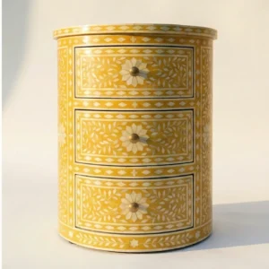 Bone Inlay Yellow Round bedside table with 3 Drawer
