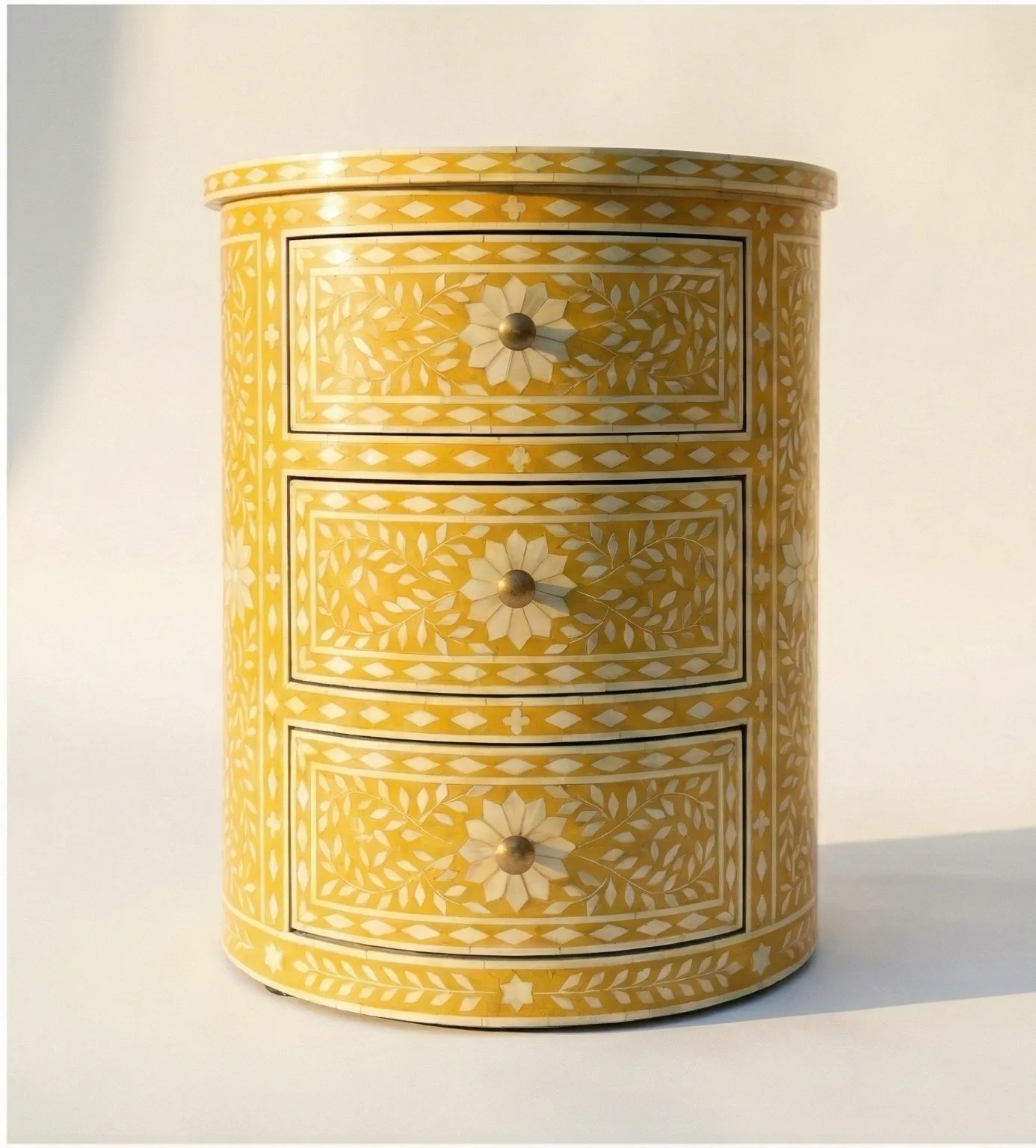 Bone Inlay Yellow Round bedside table with 3 Drawer