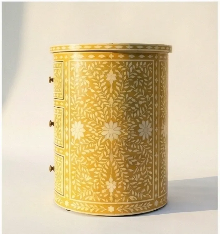Bone Inlay Yellow Round bedside table with 3 Drawer - Image 3