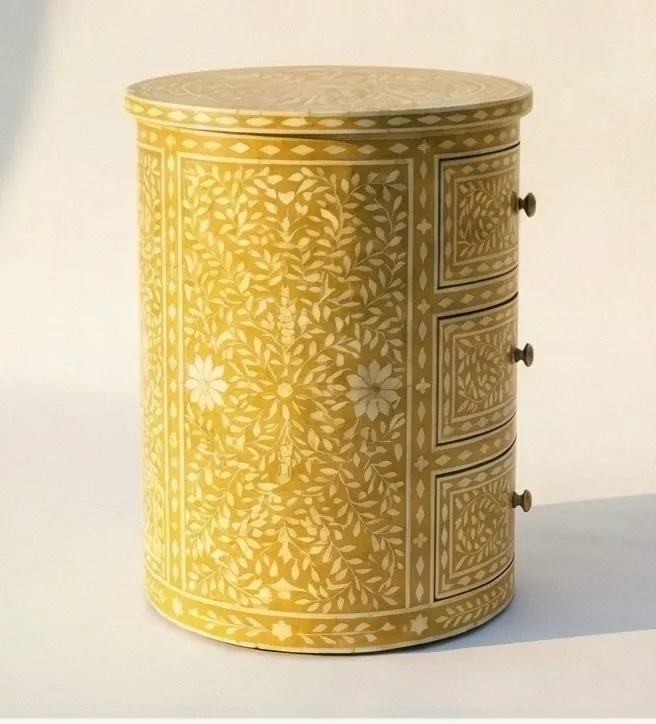Bone Inlay Yellow Round bedside table with 3 Drawer - Image 5