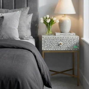 Bone Inlay Grey Single Drawer Bedside Table with Brass Leg