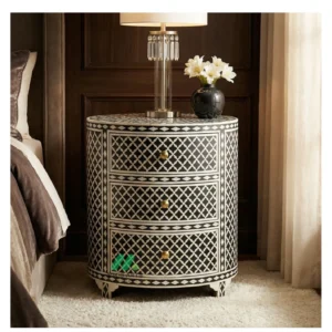 Bone Inlay Black Round bedside table with 3 Drawer