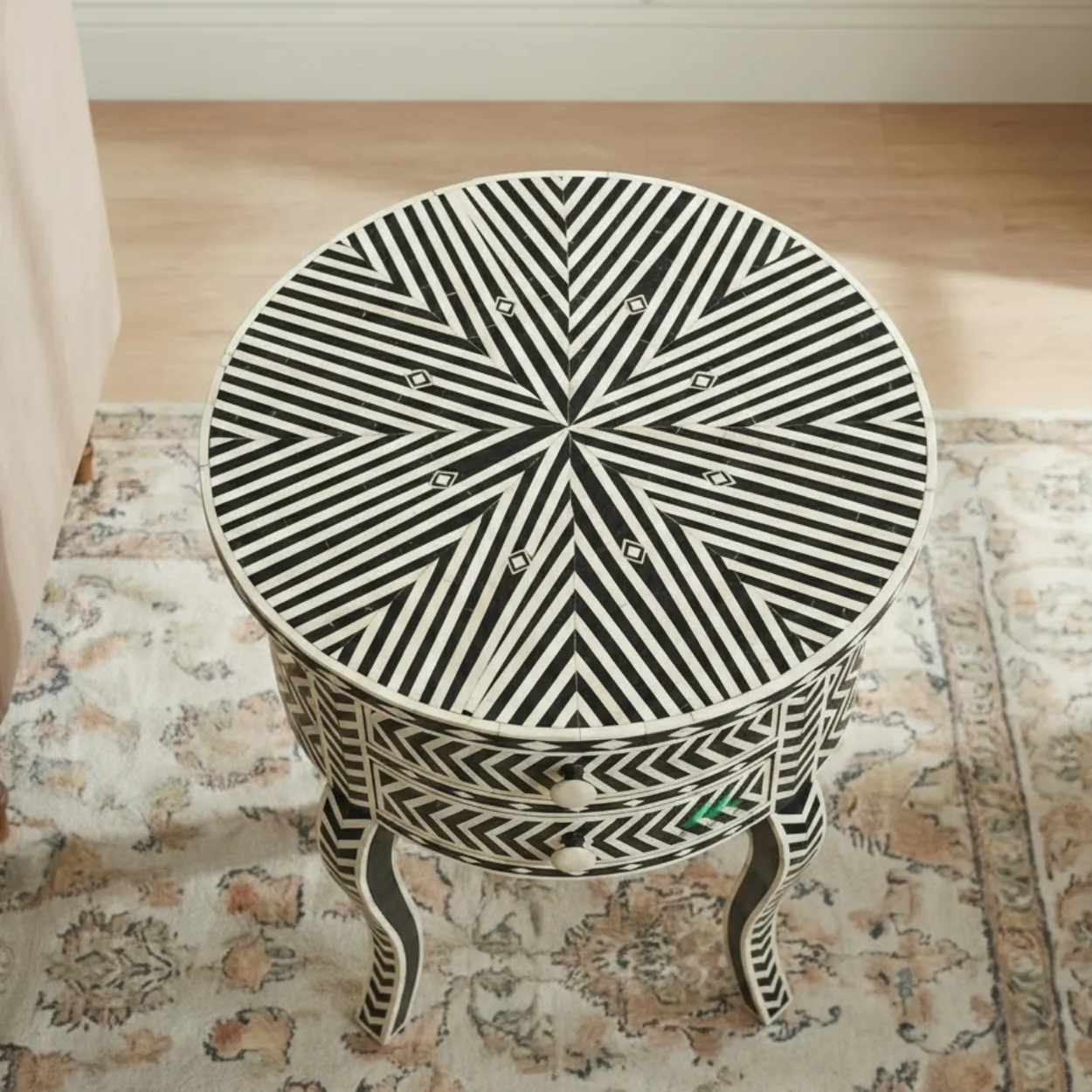 Bone Inlay Black Round bedside table with 2 Drawer - Image 4
