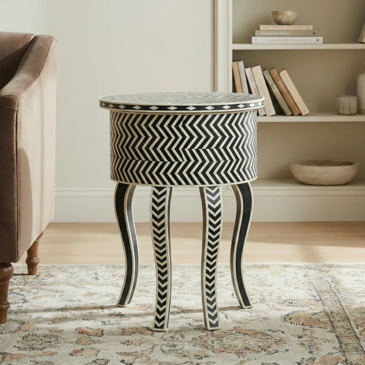 Bone Inlay Black Round bedside table with 2 Drawer - Image 3
