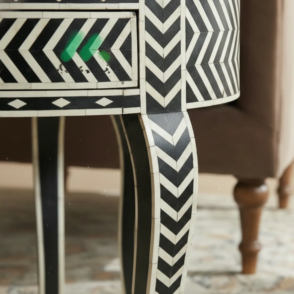 Bone Inlay Black Round bedside table with 2 Drawer - Image 5