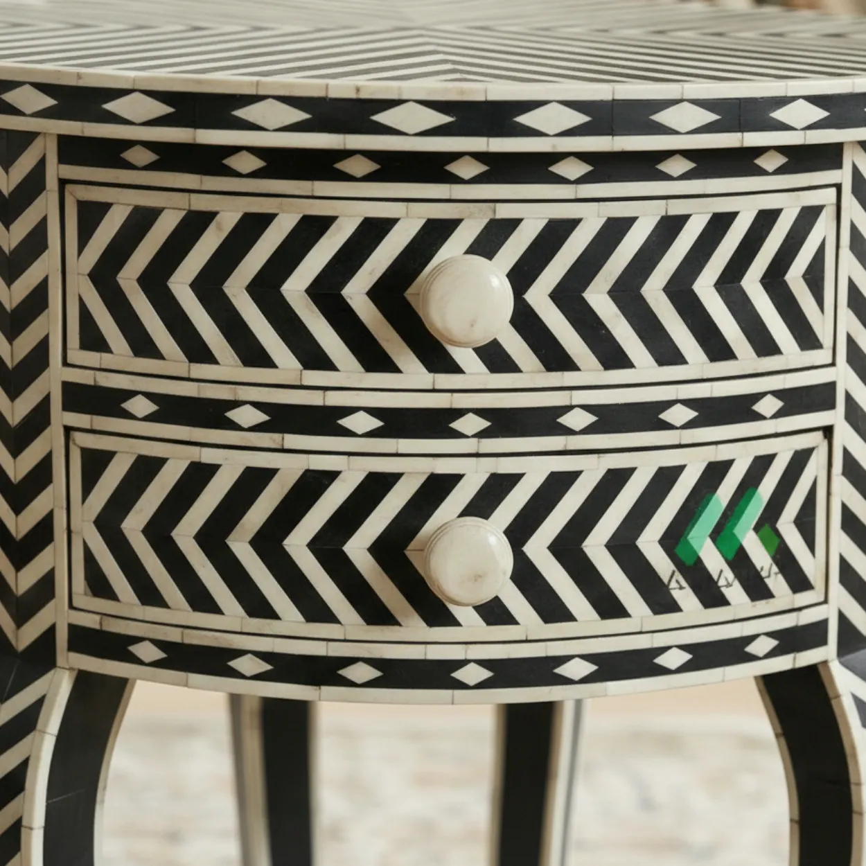 Bone Inlay Black Round bedside table with 2 Drawer - Image 7